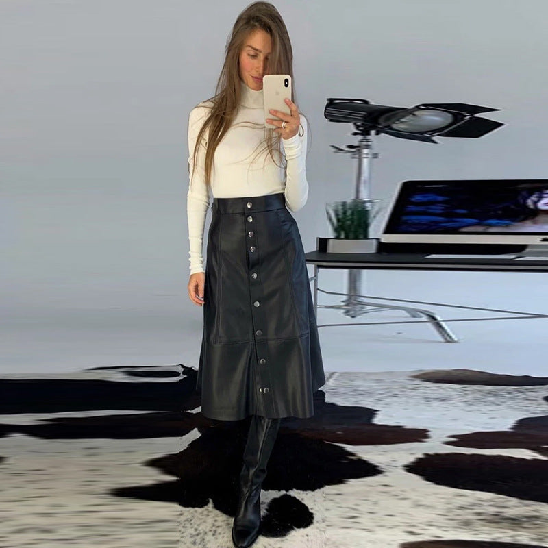 High Waist Faux Leather Button Calf Fashion Ladies Skirt