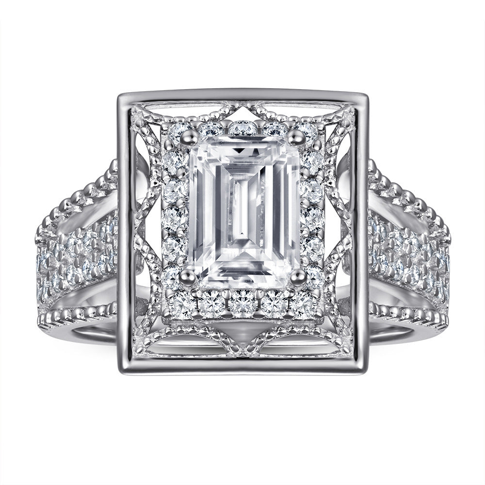 Sterling Silver Ring Female Square Simulation Diamond