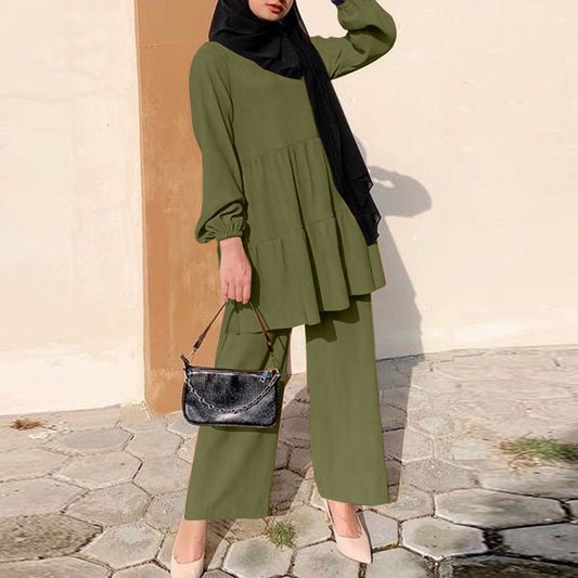 Women's Fashion Muslim Cap Suit Wide Leg Shirt And Pants Suit Elegant Solid Color OL Suit Autumn