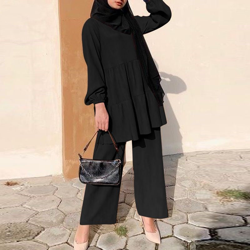 Women's Fashion Muslim Cap Suit Wide Leg Shirt And Pants Suit Elegant Solid Color OL Suit Autumn