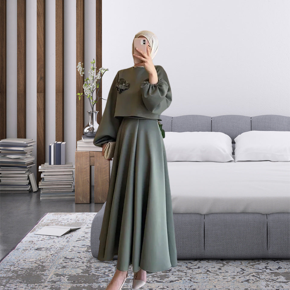 Spring New Middle East Dubai Flower Design Lantern Sleeve Dress Women's Dress Suit Two-piece Set