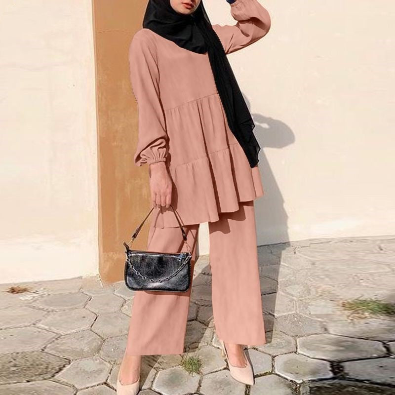Women's Fashion Muslim Cap Suit Wide Leg Shirt And Pants Suit Elegant Solid Color OL Suit Autumn