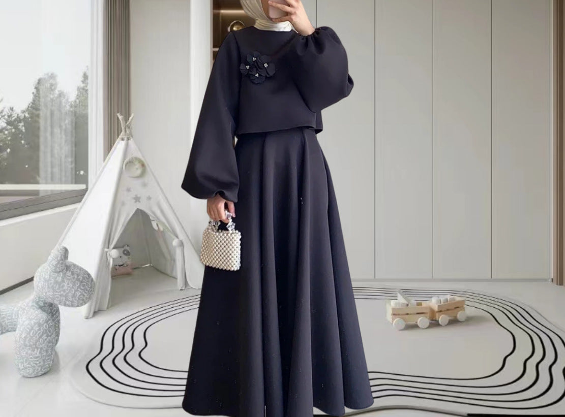 Spring New Middle East Dubai Flower Design Lantern Sleeve Dress Women's Dress Suit Two-piece Set