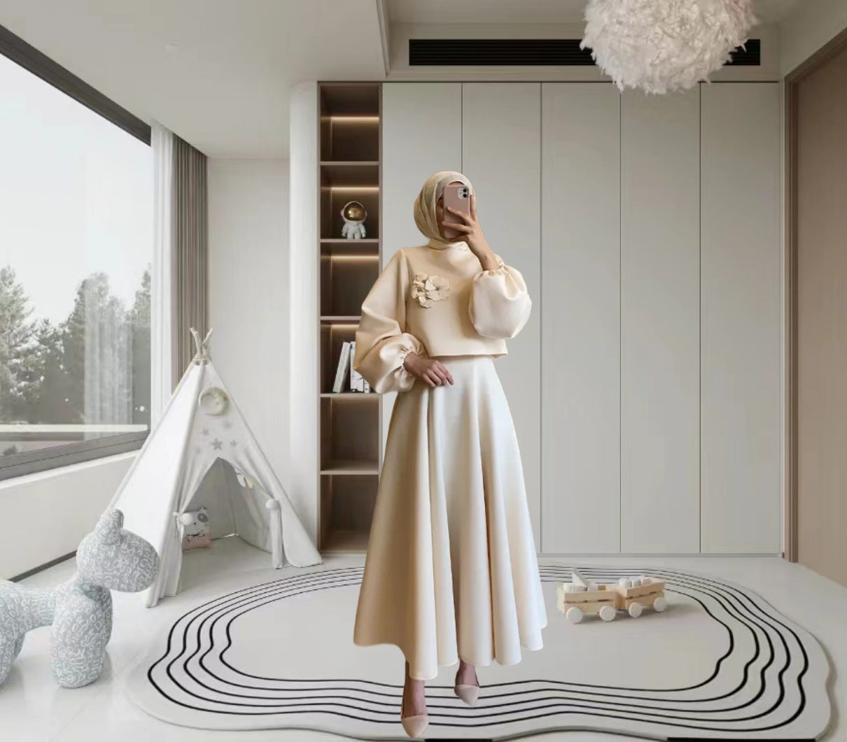 Spring New Middle East Dubai Flower Design Lantern Sleeve Dress Women's Dress Suit Two-piece Set