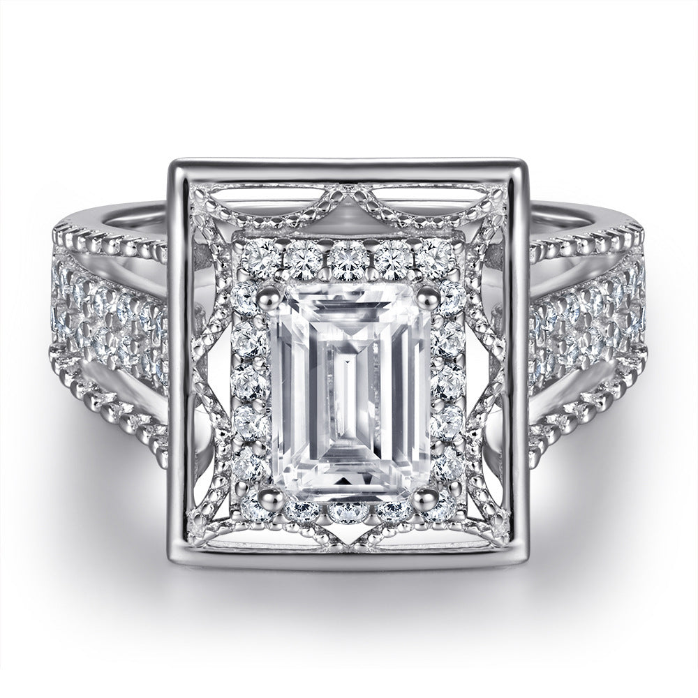 Sterling Silver Ring Female Square Simulation Diamond