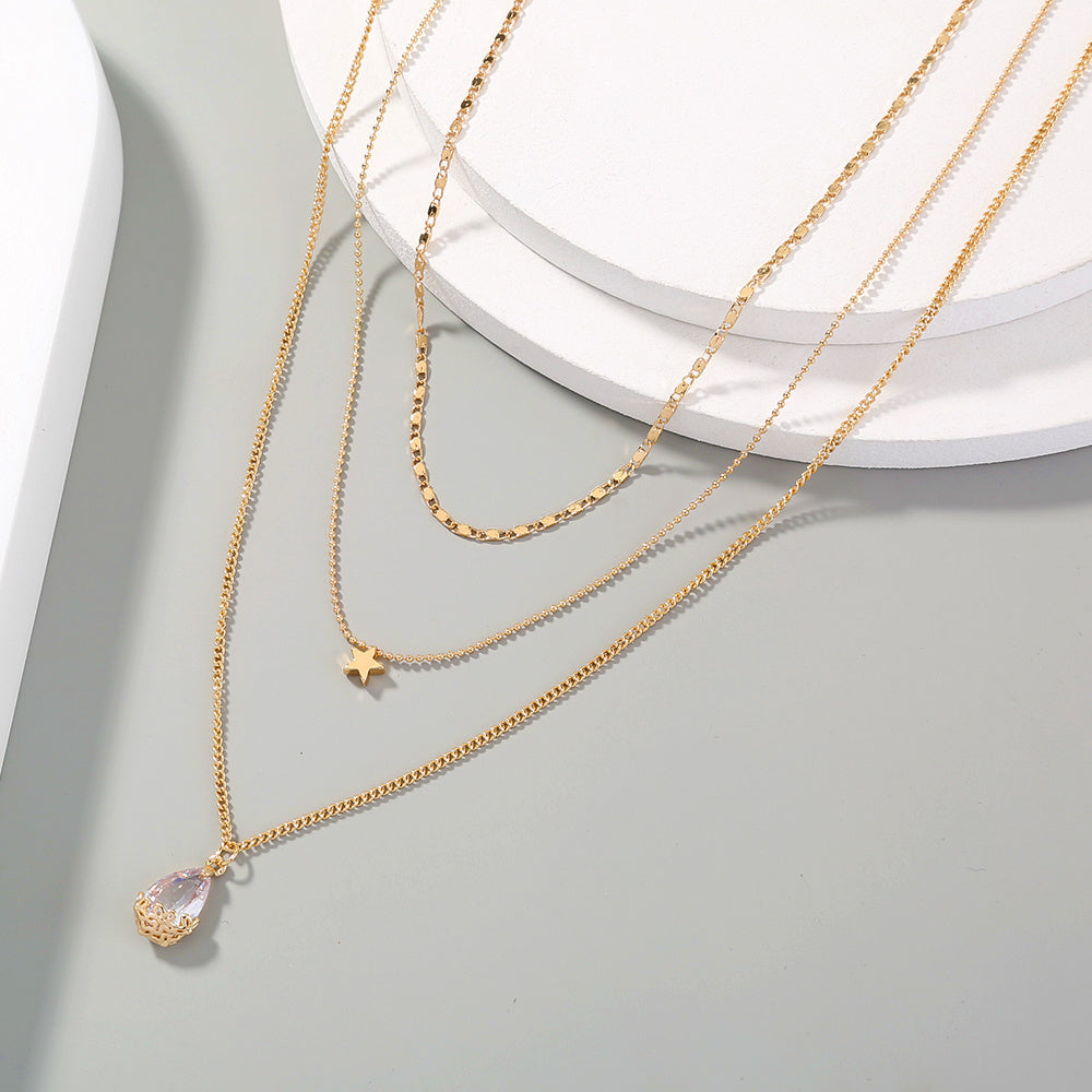 European and American cross-border jewelry, elegant temperament, water drop zircon multi-layered necklace, simple and versatile five-pointed star necklace
