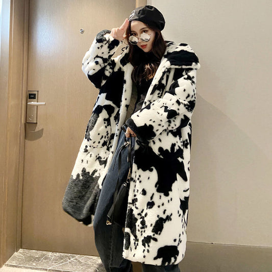 Winter New Cow Pattern Fur Coat Women Over The Knee