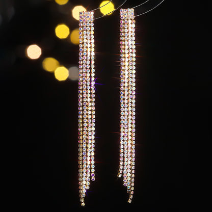 High-grade Diamond-embedded Multi-row Silver Needle Long Fringe Pendant Earrings