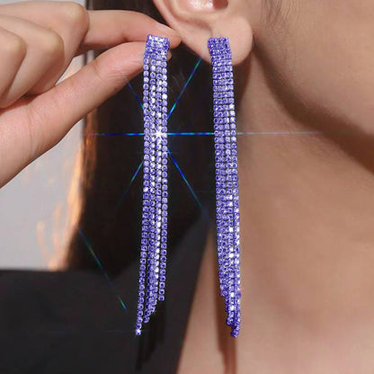 High-grade Diamond-embedded Multi-row Silver Needle Long Fringe Pendant Earrings