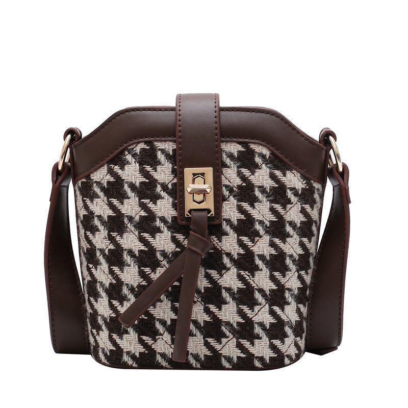 Vintage Hong Kong Style Houndstooth Fashion Messenger Bucket Bag