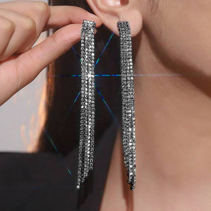 High-grade Diamond-embedded Multi-row Silver Needle Long Fringe Pendant Earrings