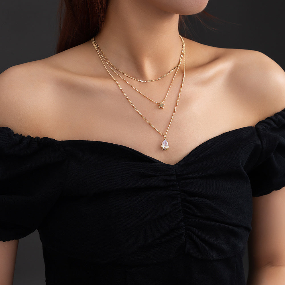 European and American cross-border jewelry, elegant temperament, water drop zircon multi-layered necklace, simple and versatile five-pointed star necklace