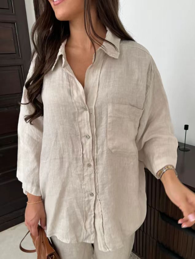 Casual Linen With Pocket Shirt Pants Suits Women Wide Leg Pants Long Sleeves Shirt Sets Ladies Loose High Street 2 Piece Outfits