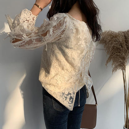 Lace Crochet Top Western Style Back Lace-Up Flared Sleeve Shirt Women