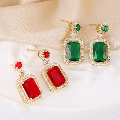 Internet Celebrity Rectangular Full Diamond Green Zircon Stud Earrings High-grade 925 Silver