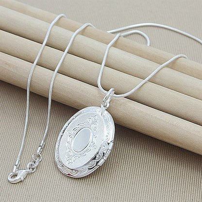 Silver Plated Egg Shape Frame Pendant Necklace