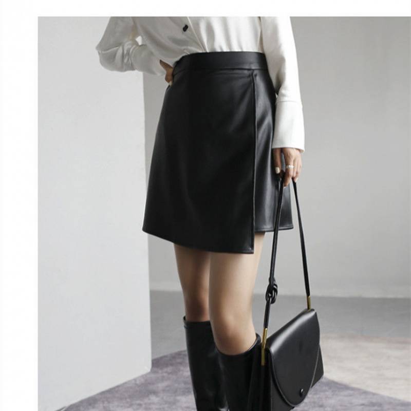 Retro High Waist Ladies Solid Color Leather Skirt