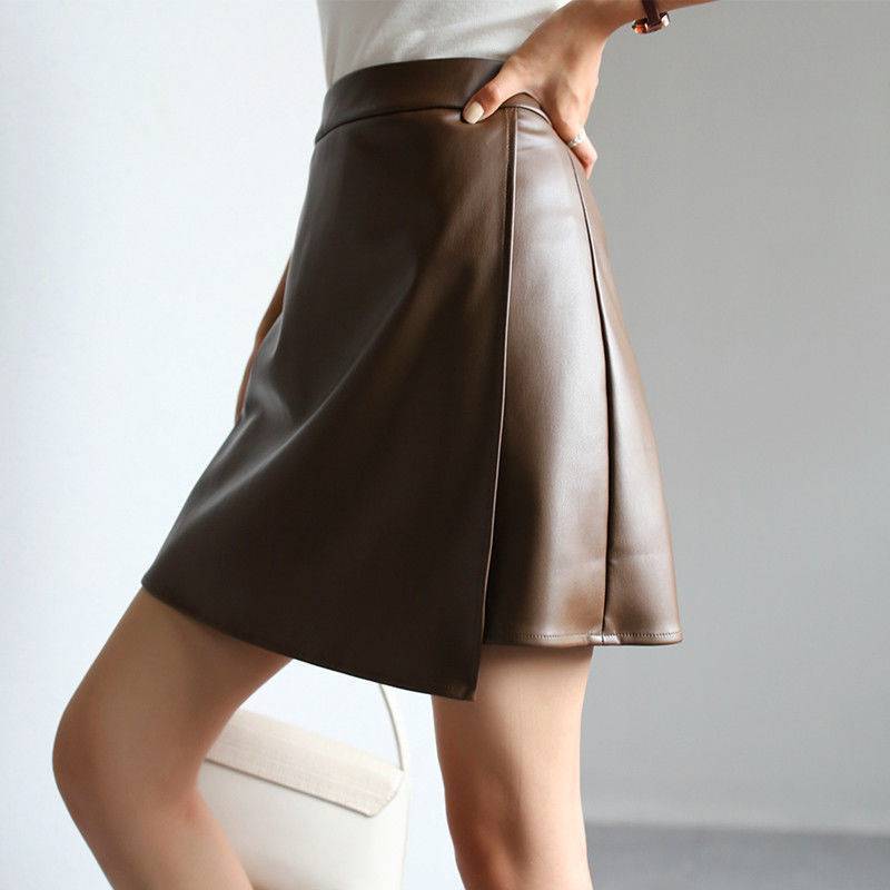 Retro High Waist Ladies Solid Color Leather Skirt