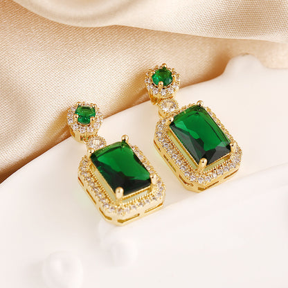 Internet Celebrity Rectangular Full Diamond Green Zircon Stud Earrings High-grade 925 Silver