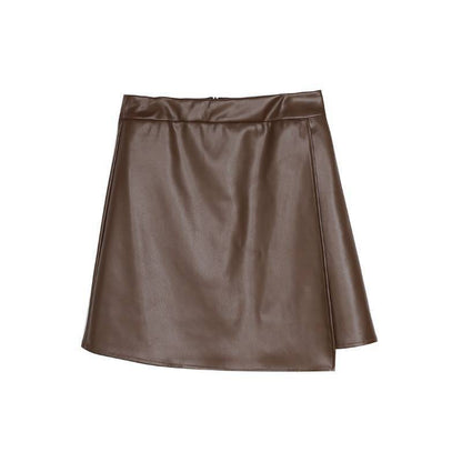 Retro High Waist Ladies Solid Color Leather Skirt