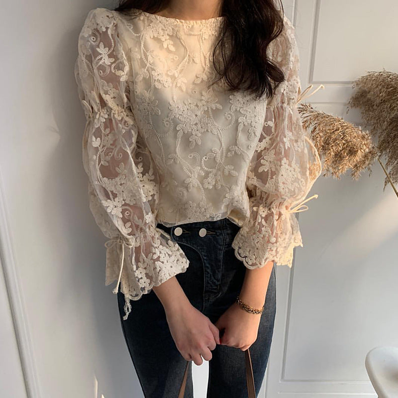 Lace Crochet Top Western Style Back Lace-Up Flared Sleeve Shirt Women