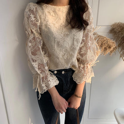 Lace Crochet Top Western Style Back Lace-Up Flared Sleeve Shirt Women