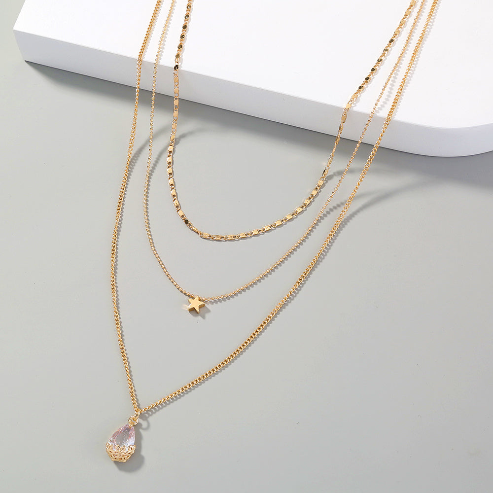 European and American cross-border jewelry, elegant temperament, water drop zircon multi-layered necklace, simple and versatile five-pointed star necklace