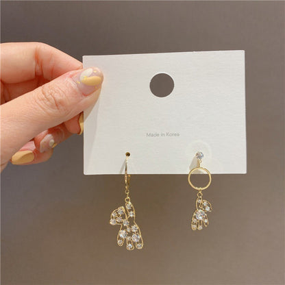 Super Cute Bear Asymmetric Full Diamond Earrings