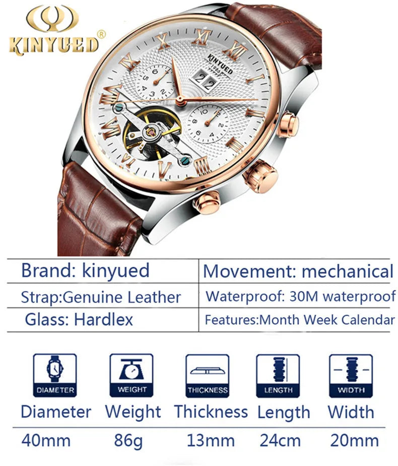 KINYUED Tourbillon Men Watches Fashion Business Automatic Mechanical Watch Men Casual Leather Waterproof Watch Relogio Masculino