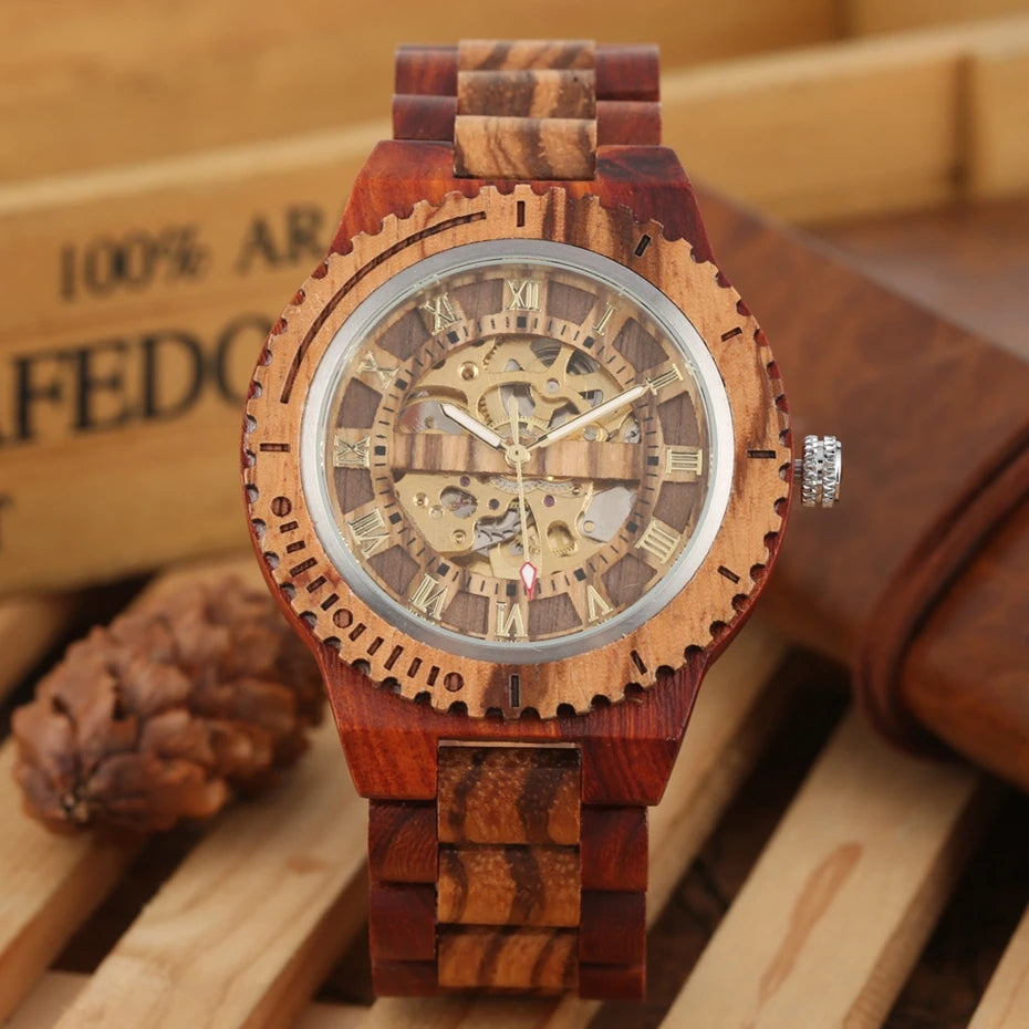 Top Brand Luxury Mens Watches Round Automatic Watch for Men Fashion Wood Clock Adjustable Wooden Bracelet Mechanical Wristwatch