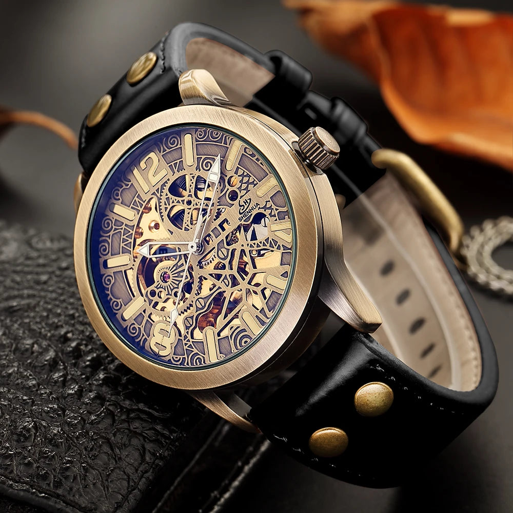 Retro Style Men Automatic Mechanical Watch Skeleton Steampunk Genuine Leather Band Mens Self Winding Wrist Watches Men Reloj