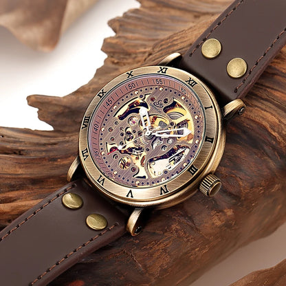 Retro Style Men Automatic Mechanical Watch Skeleton Steampunk Genuine Leather Band Mens Self Winding Wrist Watches Men Reloj