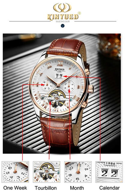 KINYUED Tourbillon Men Watches Fashion Business Automatic Mechanical Watch Men Casual Leather Waterproof Watch Relogio Masculino