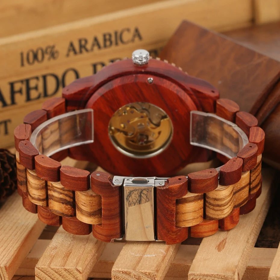 Top Brand Luxury Mens Watches Round Automatic Watch for Men Fashion Wood Clock Adjustable Wooden Bracelet Mechanical Wristwatch