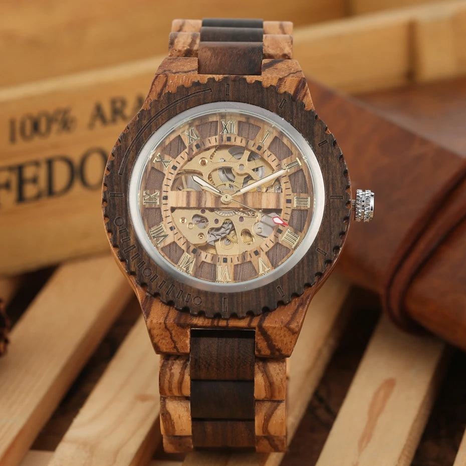 Top Brand Luxury Mens Watches Round Automatic Watch for Men Fashion Wood Clock Adjustable Wooden Bracelet Mechanical Wristwatch