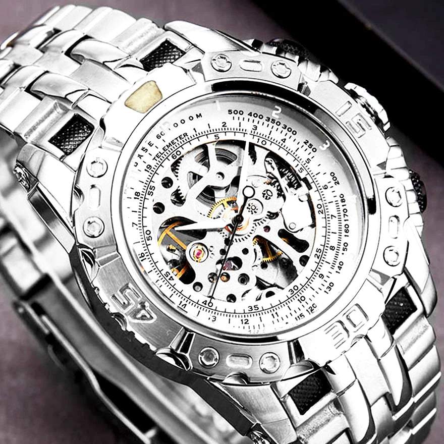 Luxury Silver Gold Automatic Mechanical Watch for Men Full Steel Skeleton Wristwatch Clock Over-Sized Big Dial Relogio Masculino