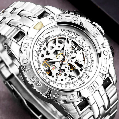 Luxury Silver Gold Automatic Mechanical Watch for Men Full Steel Skeleton Wristwatch Clock Over-Sized Big Dial Relogio Masculino