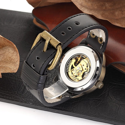 Retro Style Men Automatic Mechanical Watch Skeleton Steampunk Genuine Leather Band Mens Self Winding Wrist Watches Men Reloj