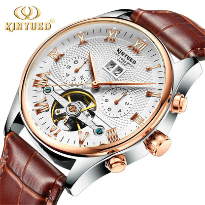 KINYUED Tourbillon Men Watches Fashion Business Automatic Mechanical Watch Men Casual Leather Waterproof Watch Relogio Masculino