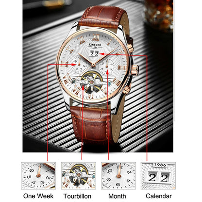 KINYUED Tourbillon Men Watches Fashion Business Automatic Mechanical Watch Men Casual Leather Waterproof Watch Relogio Masculino