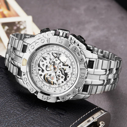 Luxury Silver Gold Automatic Mechanical Watch for Men Full Steel Skeleton Wristwatch Clock Over-Sized Big Dial Relogio Masculino