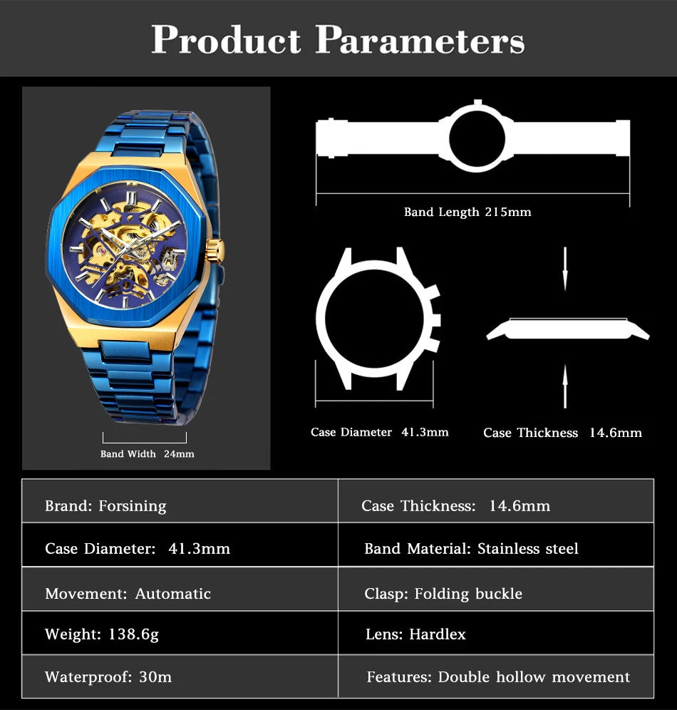 Forsining Top Brands Mechanical Men Watch Fashion Casual Skeleton Hollow Out Waterproof Stainless Steel Strap Male Wristwatch