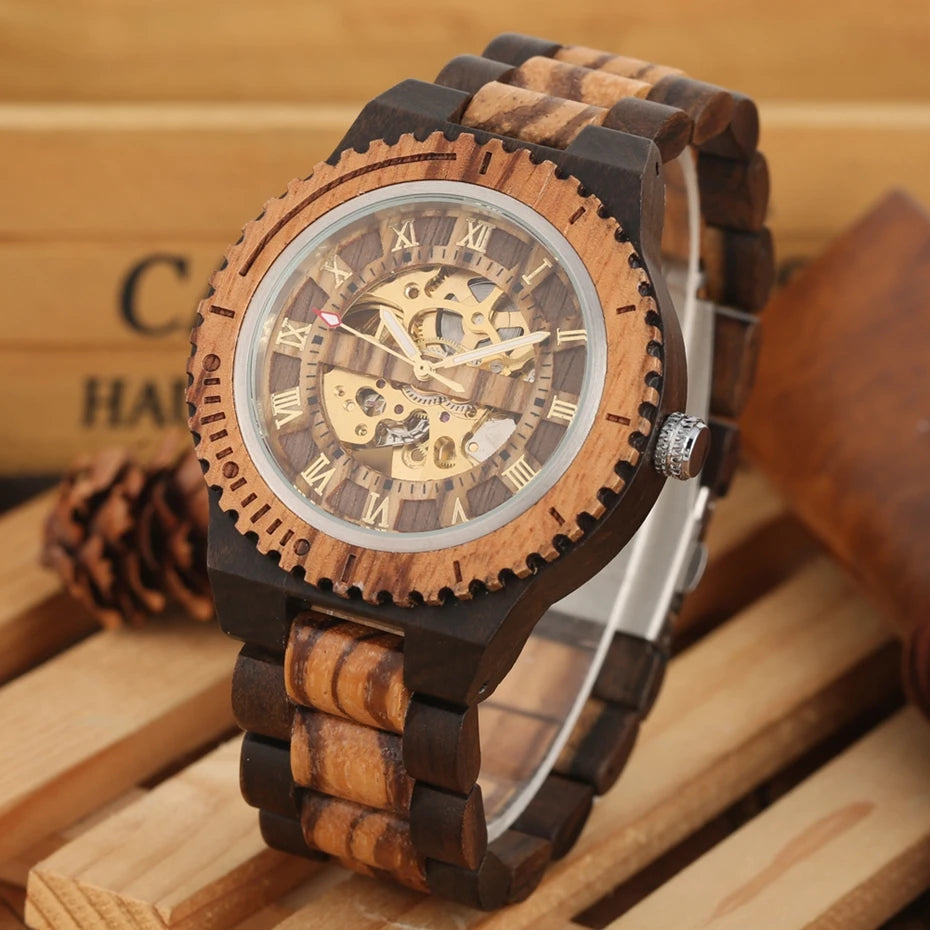 Top Brand Luxury Mens Watches Round Automatic Watch for Men Fashion Wood Clock Adjustable Wooden Bracelet Mechanical Wristwatch