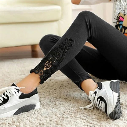 VISNXGI Triangle Hollow Lace Leggings Spandex Pants Knit Women Fitness Cotton Elastic Casual Black Splicing Hook Flower Bottom