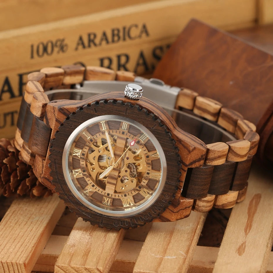 Top Brand Luxury Mens Watches Round Automatic Watch for Men Fashion Wood Clock Adjustable Wooden Bracelet Mechanical Wristwatch