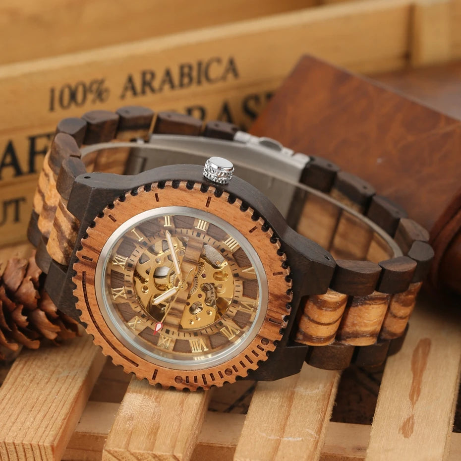 Top Brand Luxury Mens Watches Round Automatic Watch for Men Fashion Wood Clock Adjustable Wooden Bracelet Mechanical Wristwatch