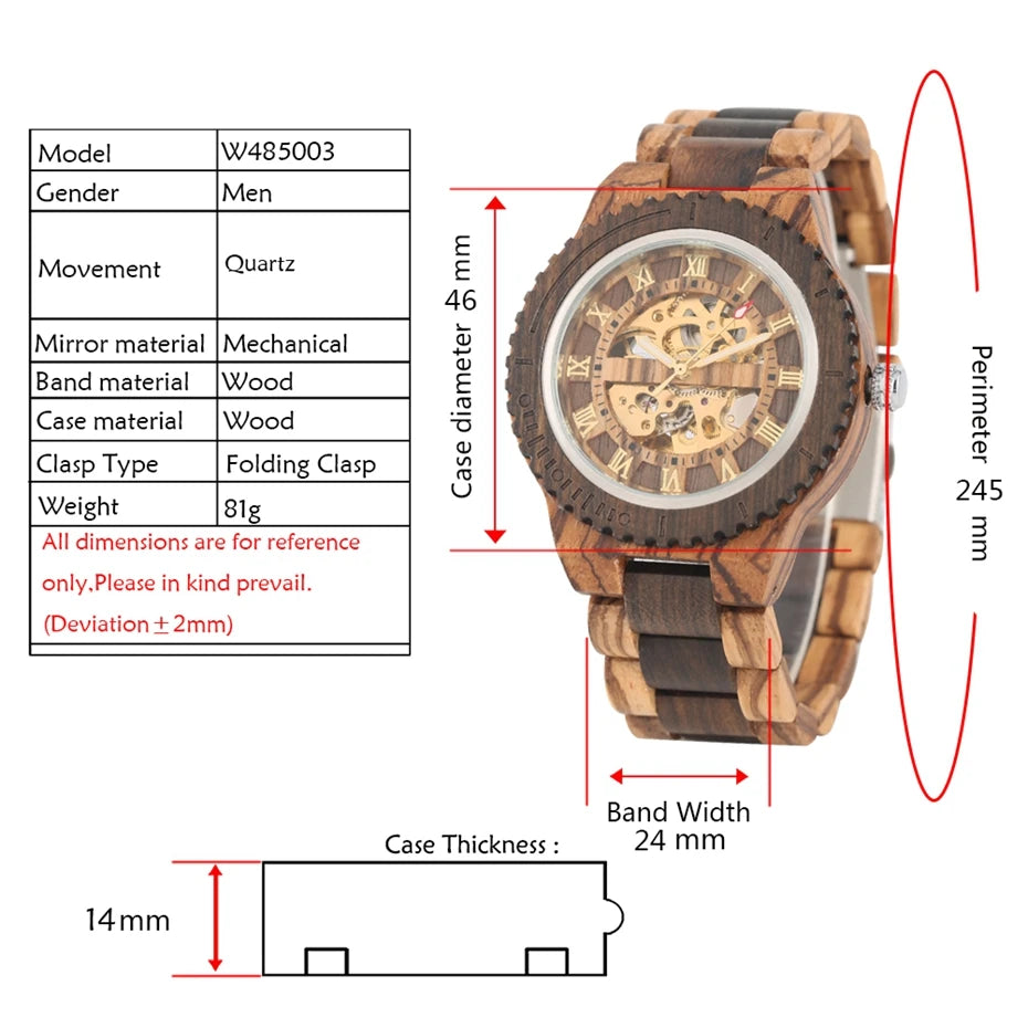 Top Brand Luxury Mens Watches Round Automatic Watch for Men Fashion Wood Clock Adjustable Wooden Bracelet Mechanical Wristwatch