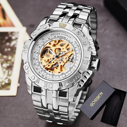 Luxury Silver Gold Automatic Mechanical Watch for Men Full Steel Skeleton Wristwatch Clock Over-Sized Big Dial Relogio Masculino