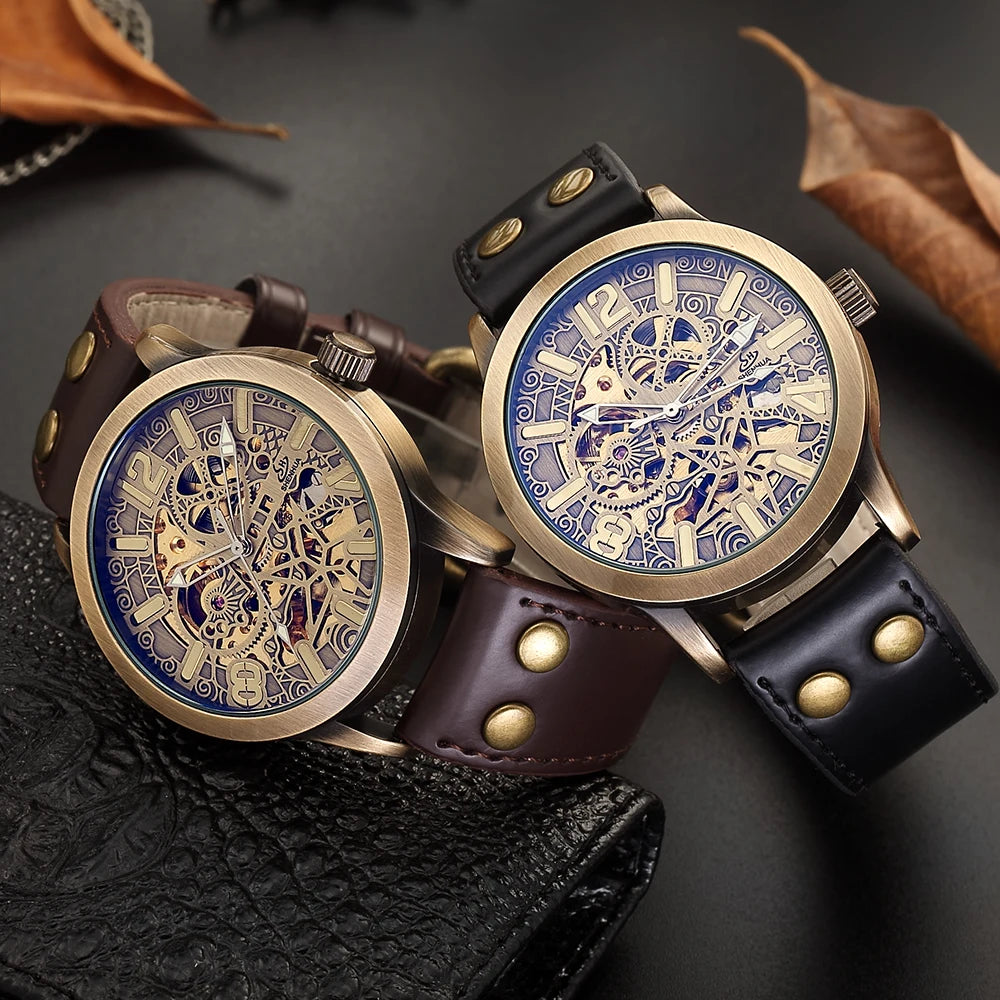 Retro Style Men Automatic Mechanical Watch Skeleton Steampunk Genuine Leather Band Mens Self Winding Wrist Watches Men Reloj