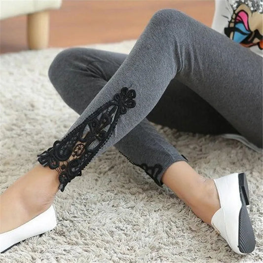 VISNXGI Triangle Hollow Lace Leggings Spandex Pants Knit Women Fitness Cotton Elastic Casual Black Splicing Hook Flower Bottom